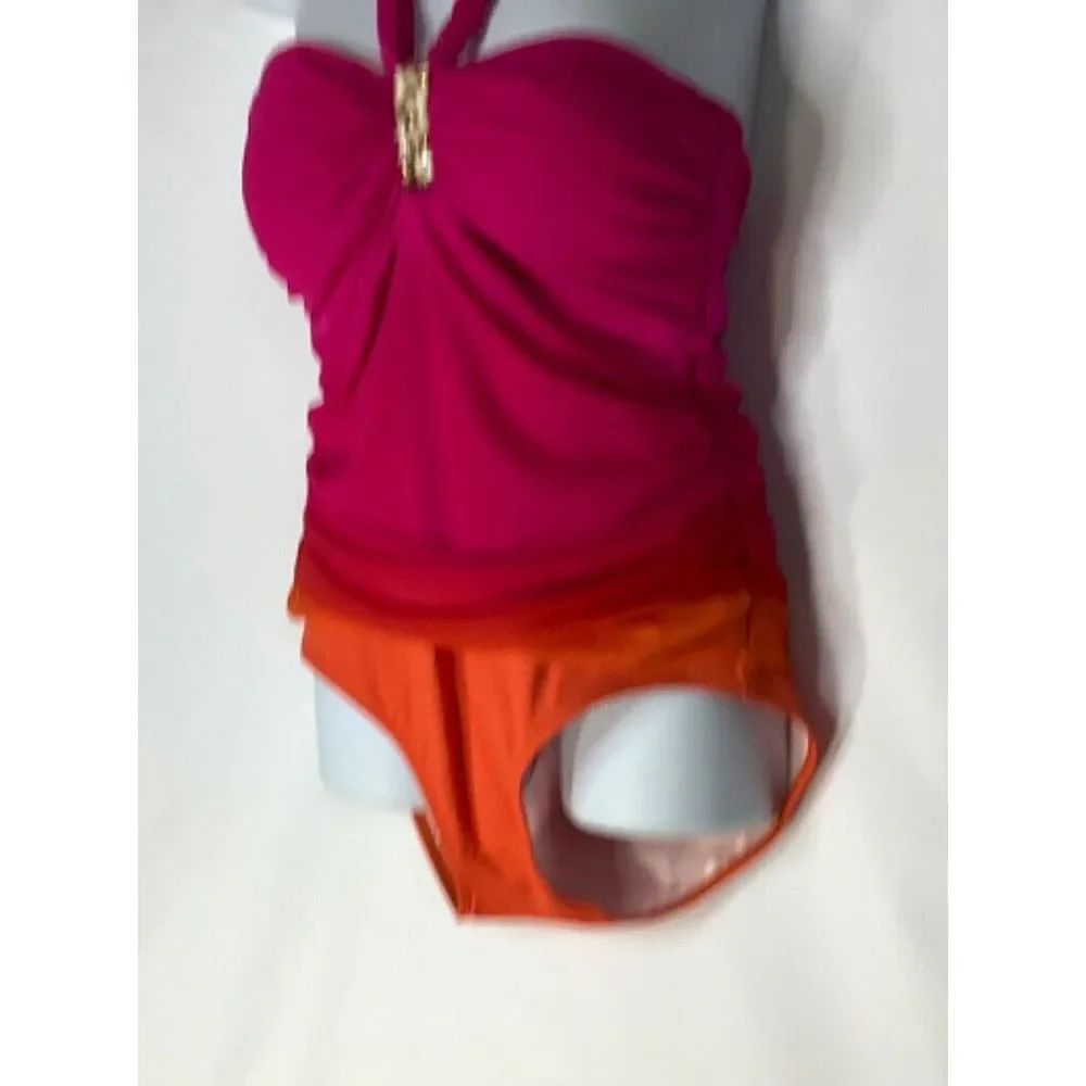 Ralph Lauren Swimsuit One‎ Piece Sz 12 Orange Pink Ruffle Halter Rhinestones